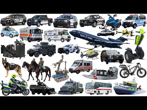 Police Car, Trucks, Boat, Drone, Airplane, Bus, Helicopter - Learning Police Vehicle Name Sounds