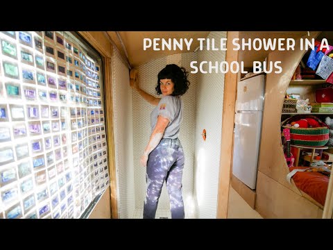 Building a STUNNING Penny Round Shower With "Flexible" Products in a School Bus Conversion