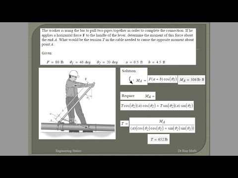 The worker is using bar to pull two pipes together. If he applies horizontal force, determine moment