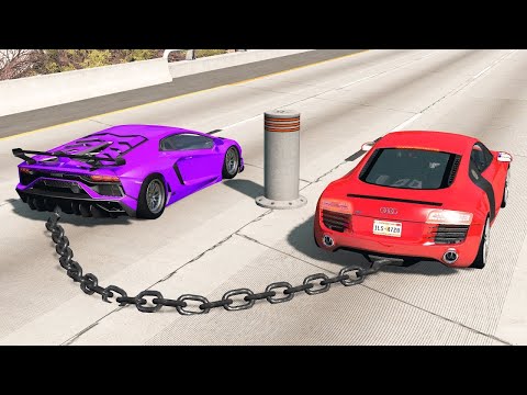 Chained Cars vs Bollards BeamNG Drive