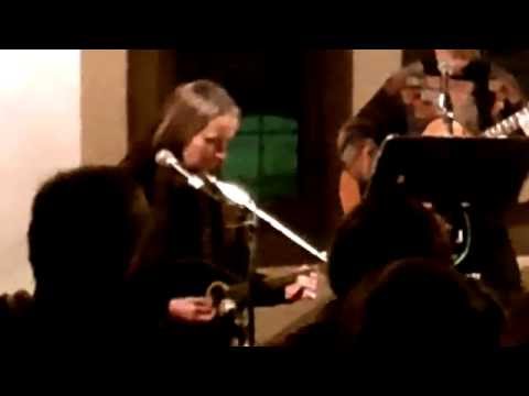 Two musicians, one sitting playing a mandola and the other standing with a guitar, are performing “Statman’s Nigun,”, a Klezmer tune. This is a still from a video of the Ensemble M’chaiya performing as guest artists of Bryan Bowers.