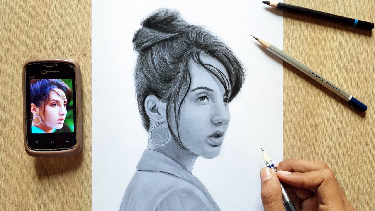 portrait pencil drawing realistic celebrity nora fatehi by hiren mistry