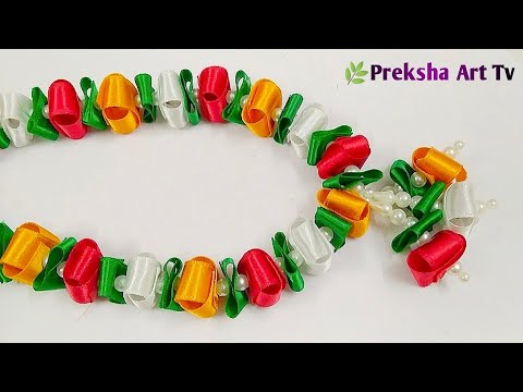 👉How To Make Easy ribbon Garland For God/Diy satin ribbon Rose mala/hand embroidery ribbon moti work