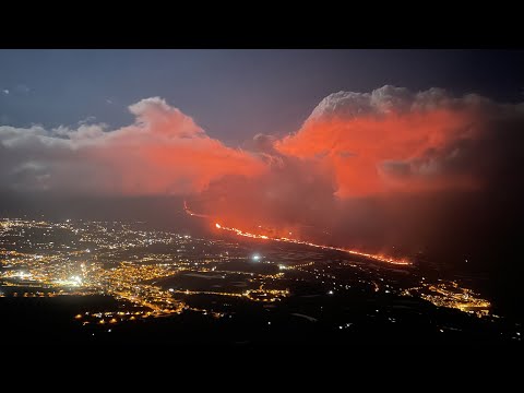 The volcano is back with full force! A wide stream of lava flows down the mountain. 200 earthquakes.