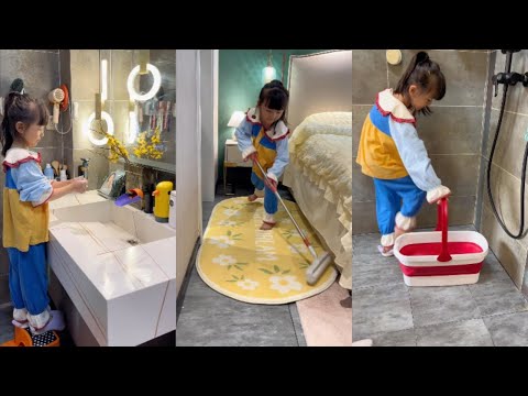 A six-year-old girl comes home to clean and tidy the house! #cleaning #house #gadgets