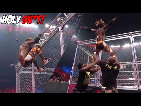 Kofi Kingston Jumps Off The Steel Cage On To Hurt Business! (WWE RAW)