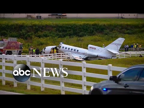 Plane breaks in half after speeding off runway