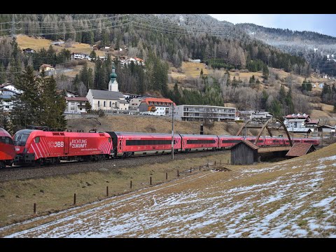Arlbergbahn 25.2.2023 Flirsch: Skizüge, ÖBB Taurus, Rh1144, Metrans Vectron, 100 Jahre ÖBB RailJet
