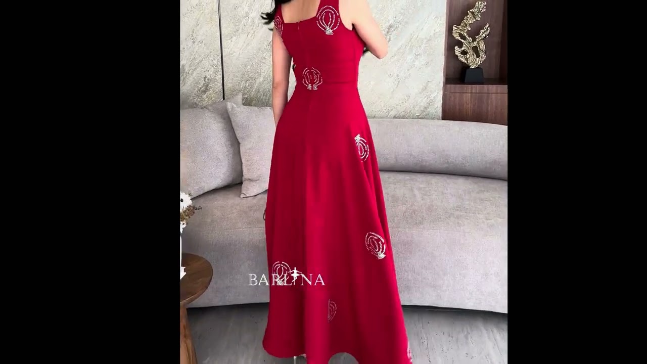Wide red dress decorated with distributed stones - XXL