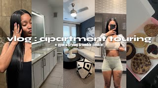 vlog : come tour apartments with me, trying crumble cookie & working out