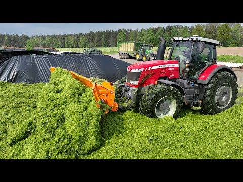 Grasernte 2023 Grünroggen für die Biogasanlage Lohnunternehmen im Einsatz 6 Traktoren 1 Häcksler