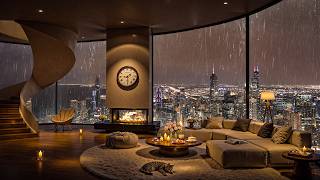 Cozy Fireplace Jazz 🌧️ Rainy City Skyline Apartment for Sleep & Peaceful Nights