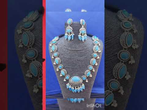 Premium Quality Silver Look Like Sterling Acrylic Dark Blue Bead Necklace Set