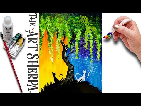 Day and Night Cats  Willow Tree Q Tip Acrylic Painting for Beginners tutorial 🌈🎨💜