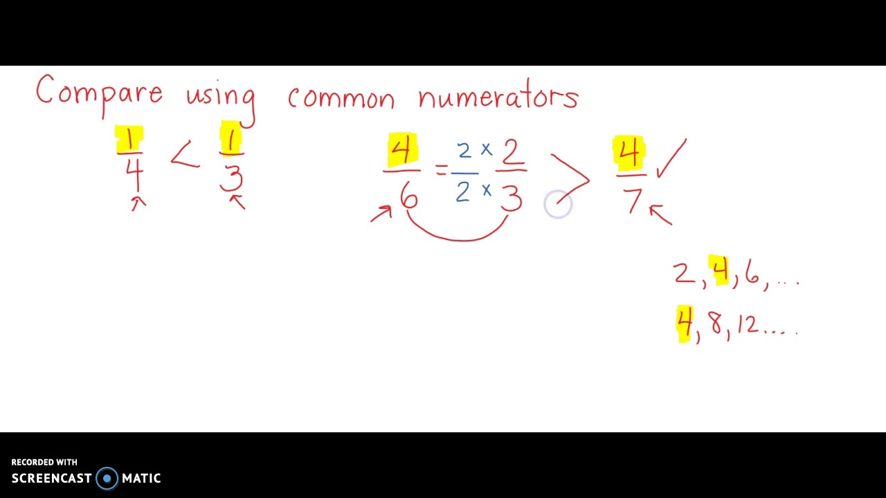 Comparing fractions using common numerators