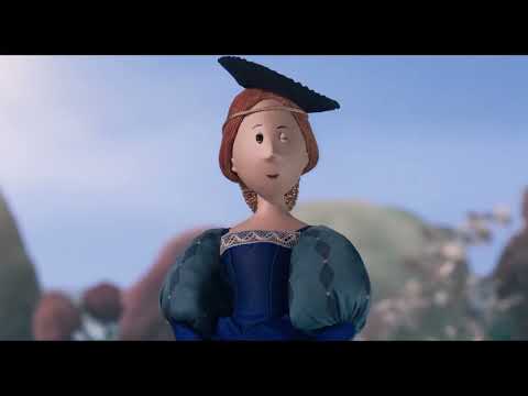Trailer collage: courtly hall, workshop bench, and star map—each mapped to choir, solo voice, and lyrical strings