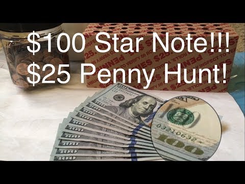 Coin Roll Hunting $25 Penny Box & Currency Search - BU 1958D Wheatie & $100 Star Note