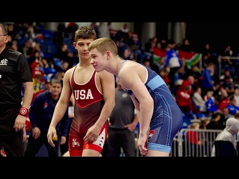 U15 Hayden Lauderback (USA) vs Xavier Flores (USA) 57kg. Freestyle boys youth wrestling. B-cam-man