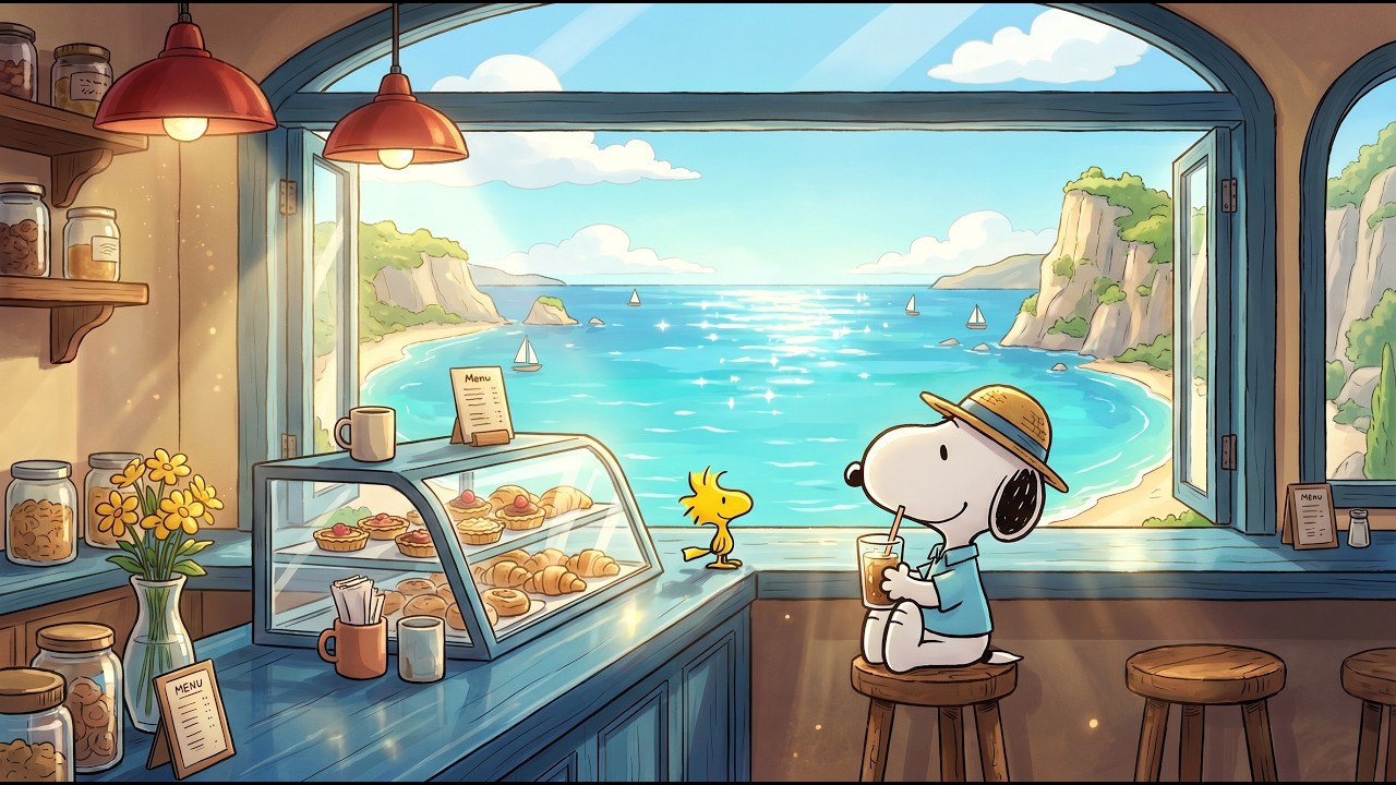Summer Ocean View Cafe with Snoopy 🌊 Soft Lofi Beats Music for Study, Work & Calm Summer Mornings