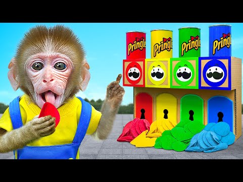 KiKi Monkey play Colorful Pringles Potato Chips Machine & Ball Pit Pool Water Slide|KUDO ANIMAL KIKI