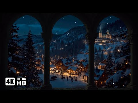 4K Christmas Town Winter Window View - Cozy Snow Ambience & Mountain Night Sounds for Sleep & Study