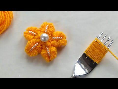 Amazing Woolen Yarn Flower making idea with Fork | Easy Hand Embroidery Flower Tutorial