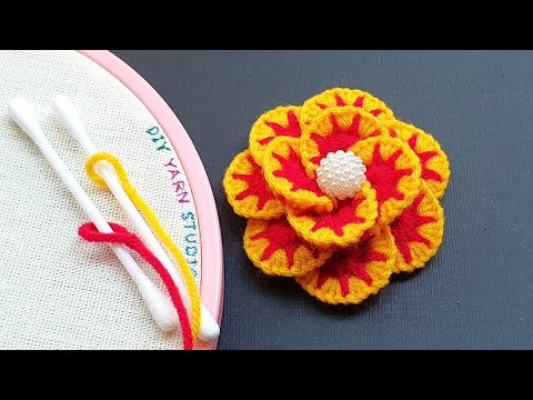 Amazing Woolen Craft Ideas with Cotton Bud - DIY Flower Embroidery - DIY Yarn Studio