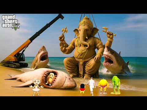 Franklin & Shinchan Ganesh Nimarjanam with Brainrot Animals | Big Megalodon Attack in GTA 5 Telugu