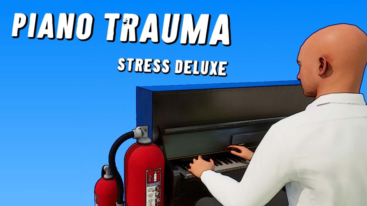 Promotional still showing two players carrying a piano across a rooftop obstacle course in Piano Trauma Stress Deluxe