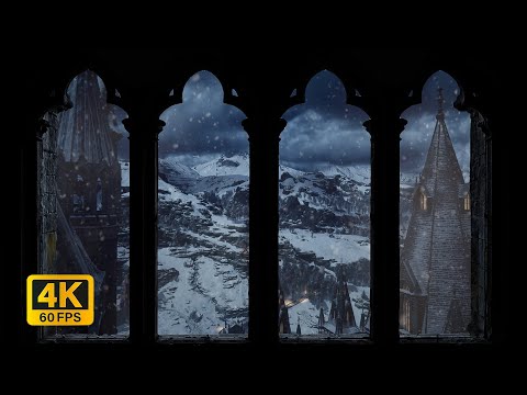 4K Harry Potter winter window view at night - snow & wind sounds for sleep & study