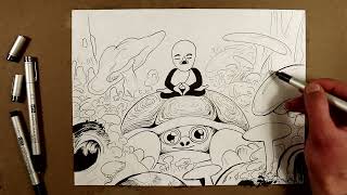 Drawing Turtle and Monk - Copic Ink Illustration