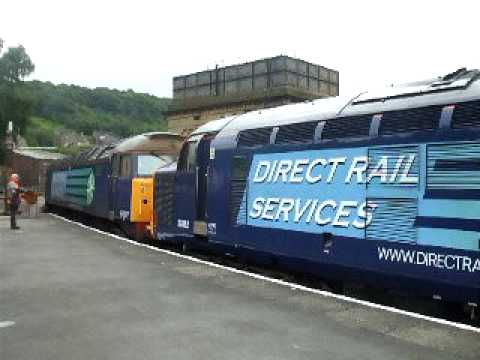 DRS/private Mega Loco-convoy departs Keighley (04/06/2009)