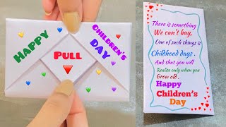 Surprise message card for worlds Children’s Day | pull tab origami envelope card for children’s day