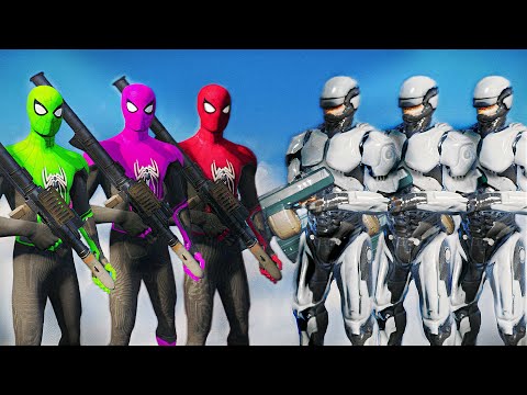 Spider-Man, Green Spiderman, Pink Spiderman VS RoboCop Army | (Saving the City)