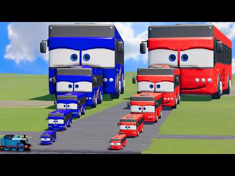 Big & Small Red Bus Lightning Mcqueen vs Big & Small Blue Bus Mcqueen vs Train | BeamNG.Drive