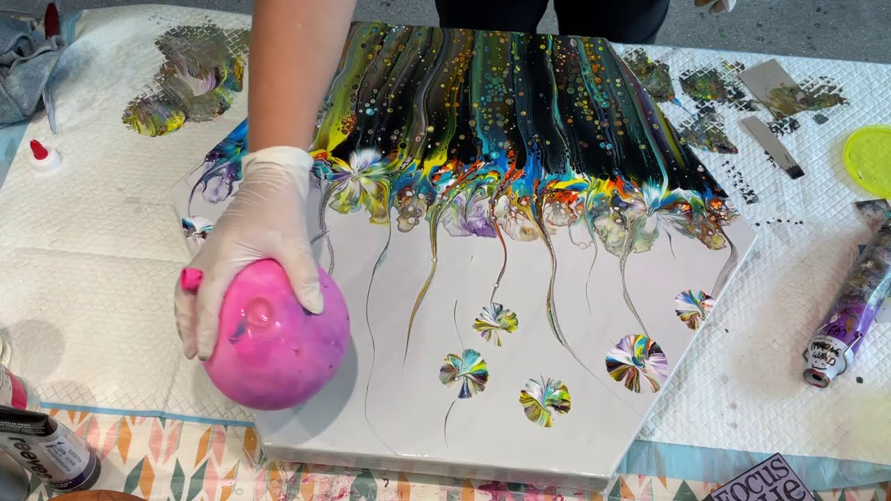 LARGE HEXAGONAL CANVAS~EXOTIC~FANTASY GARDEN ACRYLIC POURING ART~BALLOON KISSED FOR EFFECTS