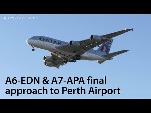 Emirates (A6-EDN) and Qatar Airways (A7-APA) on final approach to RW21 at Perth Airport.