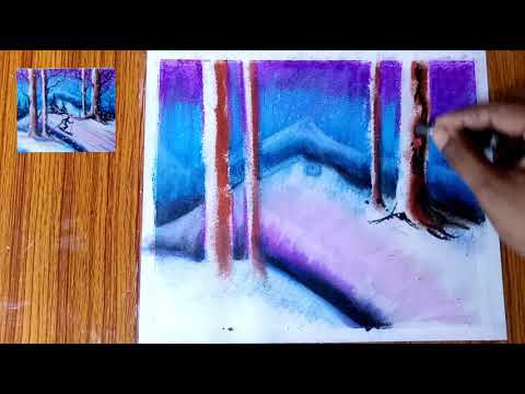 Easy Winter Snowfall Scenery Drawing for Beginners with Oil  pastel