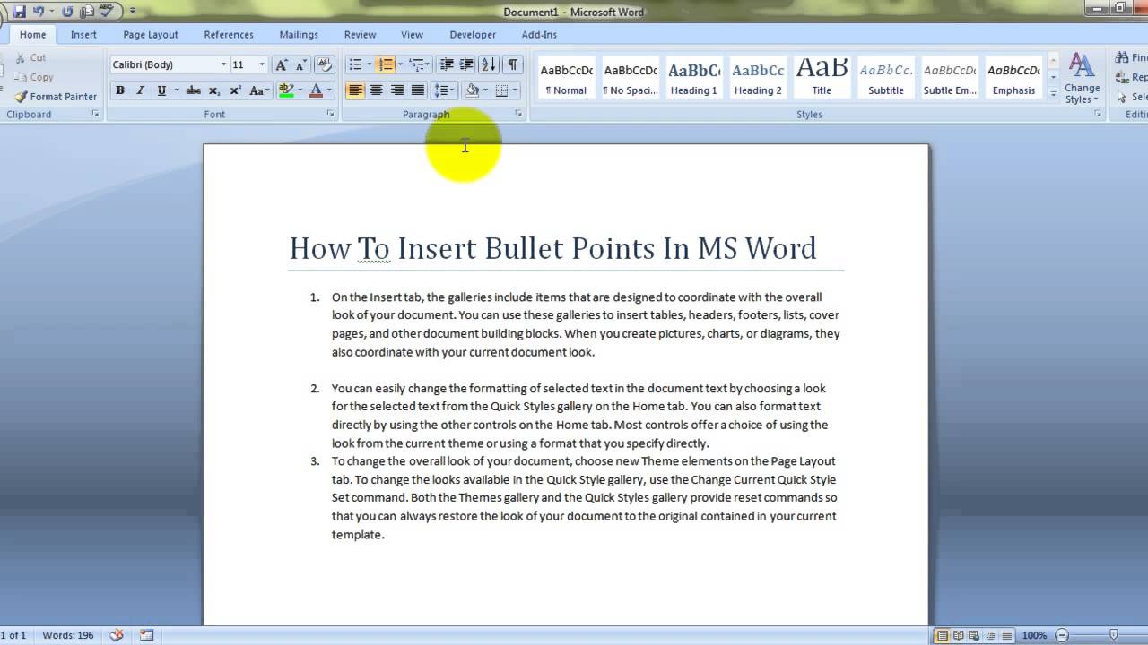 Insert Bullet Points In MS Word English