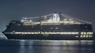 cruise ship MV Niew Amsterdam arriving to San Diego at night
