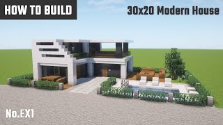 マイクラ建築：モダンな家の作り方。おしゃれなプールと庭付き。【Minecraft】