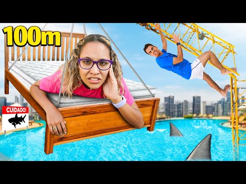 Whoever stays the longest on the world's highest bunk bed inside the pool wins!