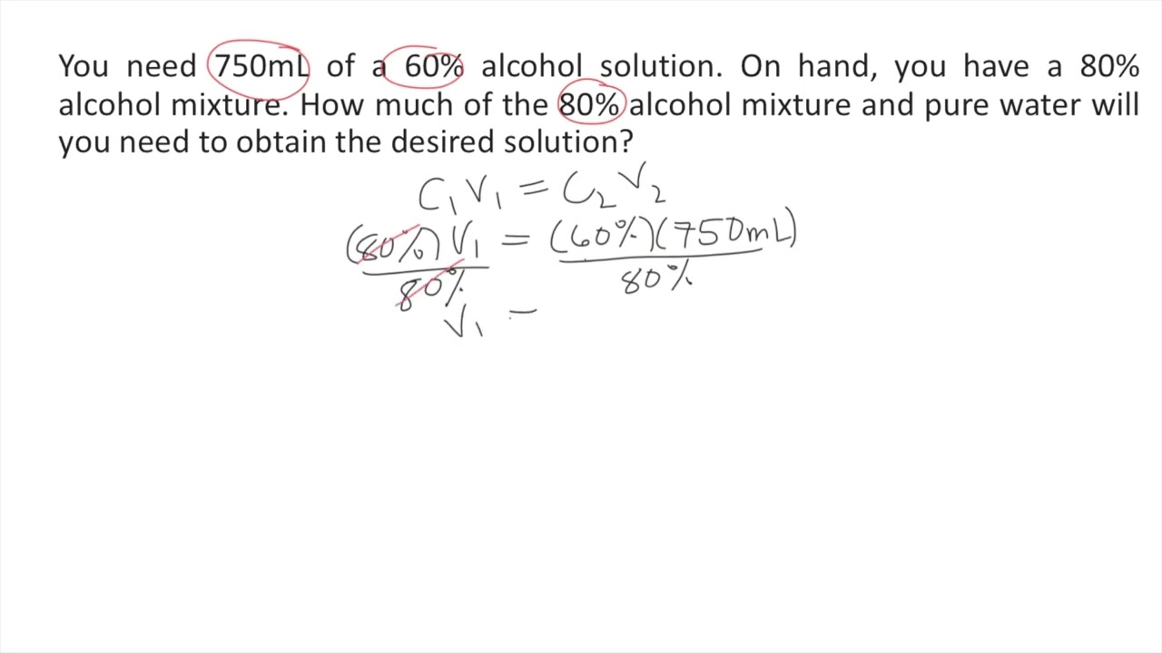 You need 750mL of a 60% alcohol solution. On hand, you have a 80% alcohol mixture. How much of the