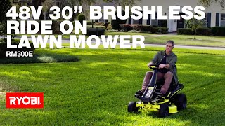 RYOBI 48V 30” Brushless Ride-On Mower (RM300E) in action
