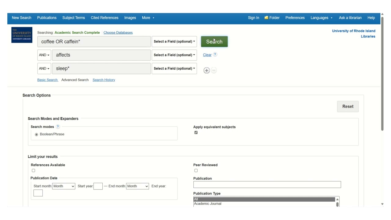Academic Search Complete (EBSCOhost) Database Searching Tutorial