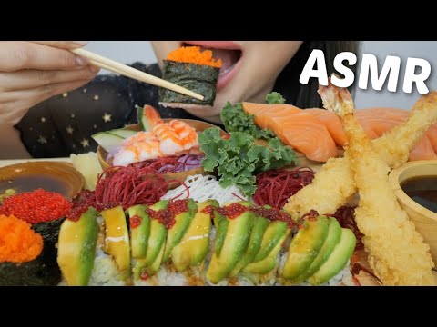 SUSHI Green Dragon Roll, Salmon Sashimi with Tobiko & Masago Nigiri and Ebi Sunomono ASMR No Talking