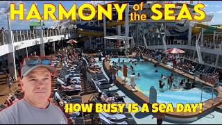 Harmony of the Seas! How Busy Are The Pools On A Sea Day! Pool Deck Tells All. 4K Ultra Video.