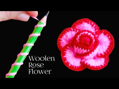 Super Easy Woolen Rose Flower Making Idea With Pencil-Hand Embroidery Easy Trick-Diy Woolen Flower