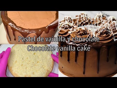 Pastel de tres leches de vainilla con crema de chocolate.Three milk chocolate whipped cream cake.