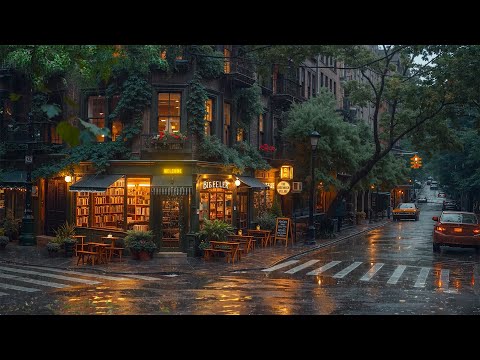 Rainy Day Jazz on Vintage New York Street 🌧️ Cozy Outdoor Coffee Shop Ambience & Smooth Jazz Relax
